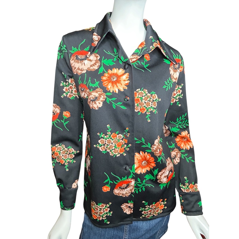 Vintage 70's Black Floral Blouse Dagger Collar Medium